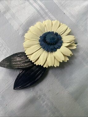 Floral Leather Pin Brooch - Cream and Navy